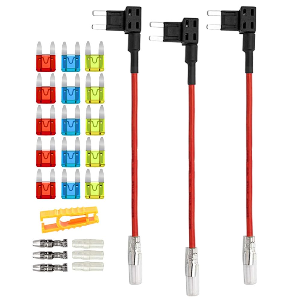 Aiqeer 3 Stück 12V / 24V Klein Add-a-Circuit Sicherung Taps, Auto Piggyback Sicherungshalter mit Kabelbaum, Gratis 15 Stück Mini Flachsicherungen und Sicherungszieher (Butt Terminal) von Aiqeer