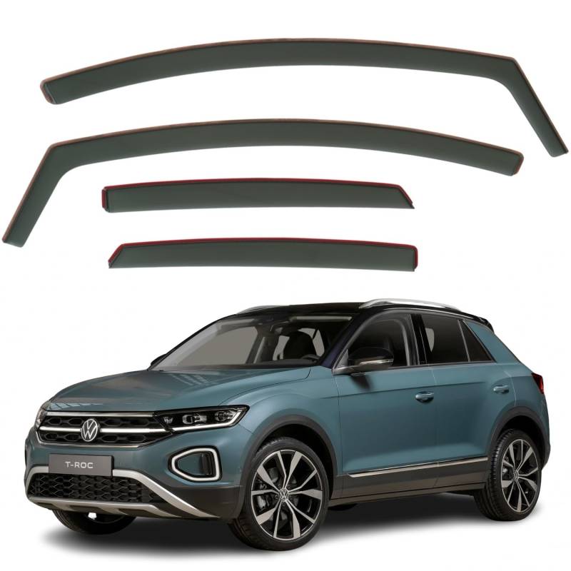 AirFlux: Set mit 4 Windabweisern, Modern, Dunkles Rauchgetönt, Selbstklebend, für Geländewagen, kompatibel mit Volkswagen T-ROC 5-Türer SUV 2018-2024 von AirFlux