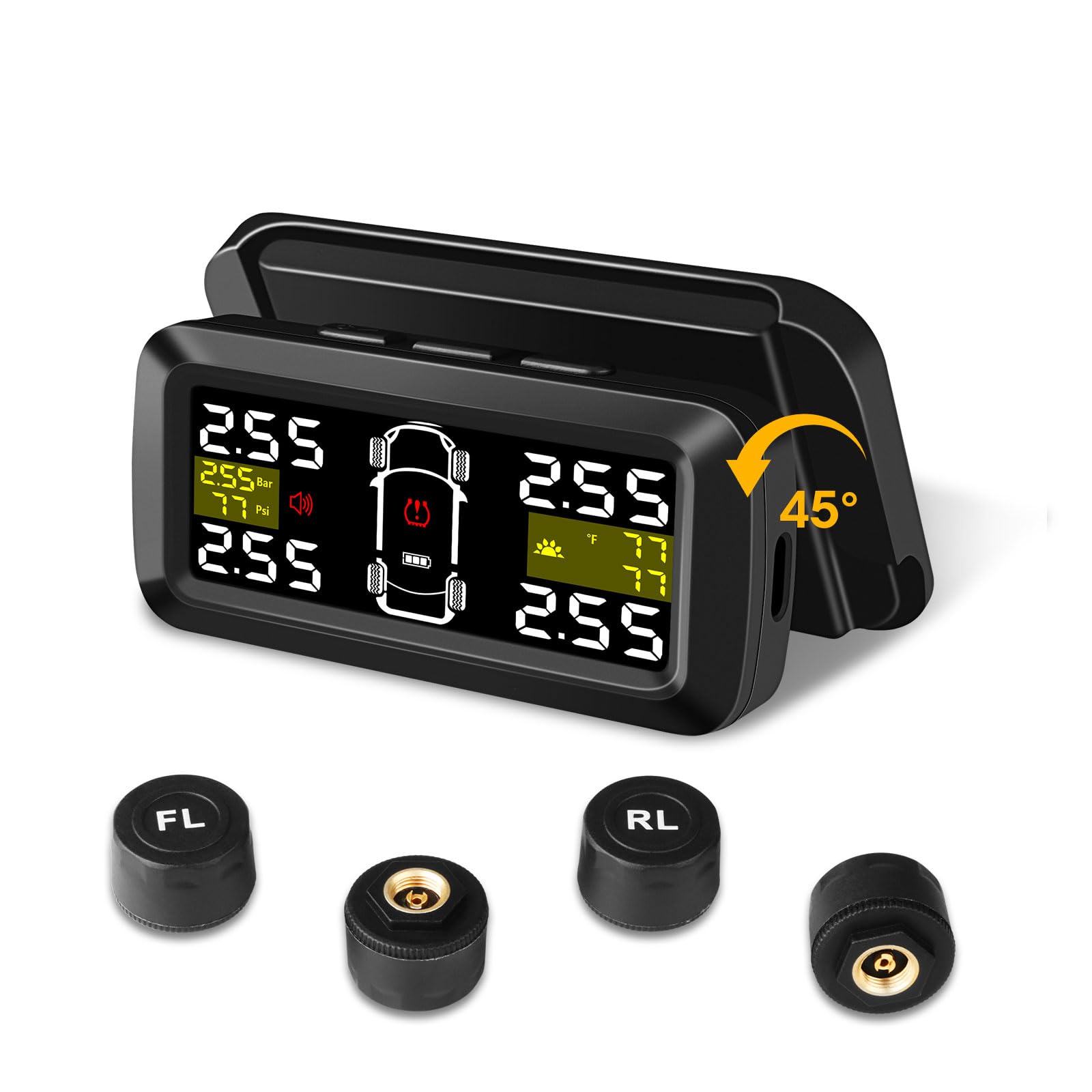 TPMS Reifendruckkontrollsystem【2/4-Rad-Modi】0.01Bar Hohe Präzision Solaraufladung Reifendruckkontrollsystem mit 3,5 Zoll Abnehmbare Halterung mit 4 Externen Reifendrucksensor für Auto Van SUV 5-87Psi TPMS Reifendruckkontrollsystem【2/4-Rad-Modi】0.01Bar Hohe Präzision Solaraufladung Reifendruckkontrollsystem mit 3,5 Zoll Abnehmbare Halterung mit 4 Externen Reifendrucksensor für Auto Van SUV 5-87Psi von Airpuxem