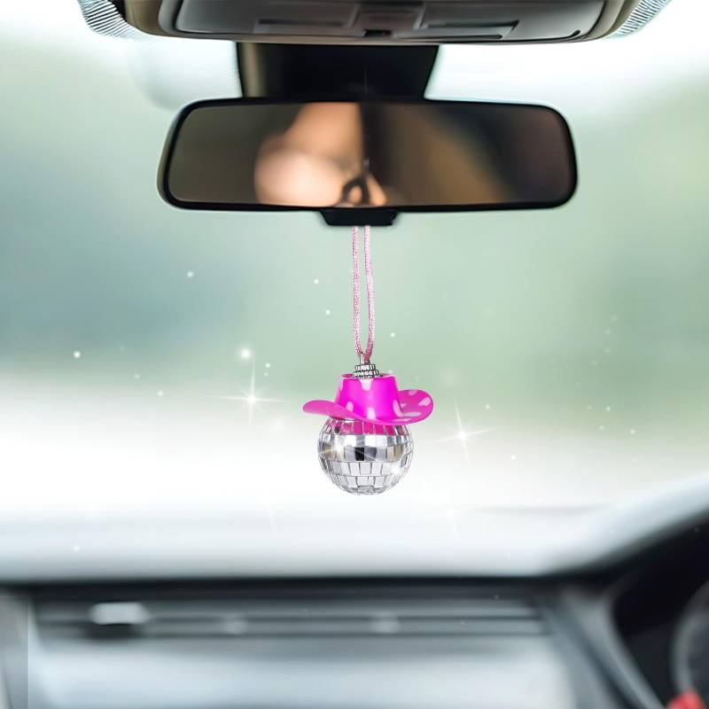 Rückspiegel Anhänger Silberne Hängekugel Auto Anhänger Discokugel Silber Aufhängen Spiegel Discokugel Autospiegel Autozubehör Bling Diskokuger Cowboyhut Auto Zubehör Hängeornament von Aiyorse