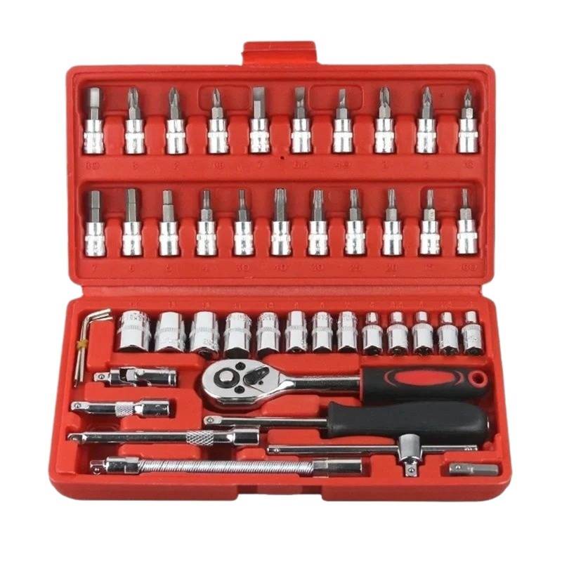 46-teiliges Auto-Reparatur-Tool-Kit 1/4-Zoll-Steckschlüsselsatz Auto-Reparaturwerkzeug Ratsche Drehmomentschlüssel Combo(Red) von Ajhui