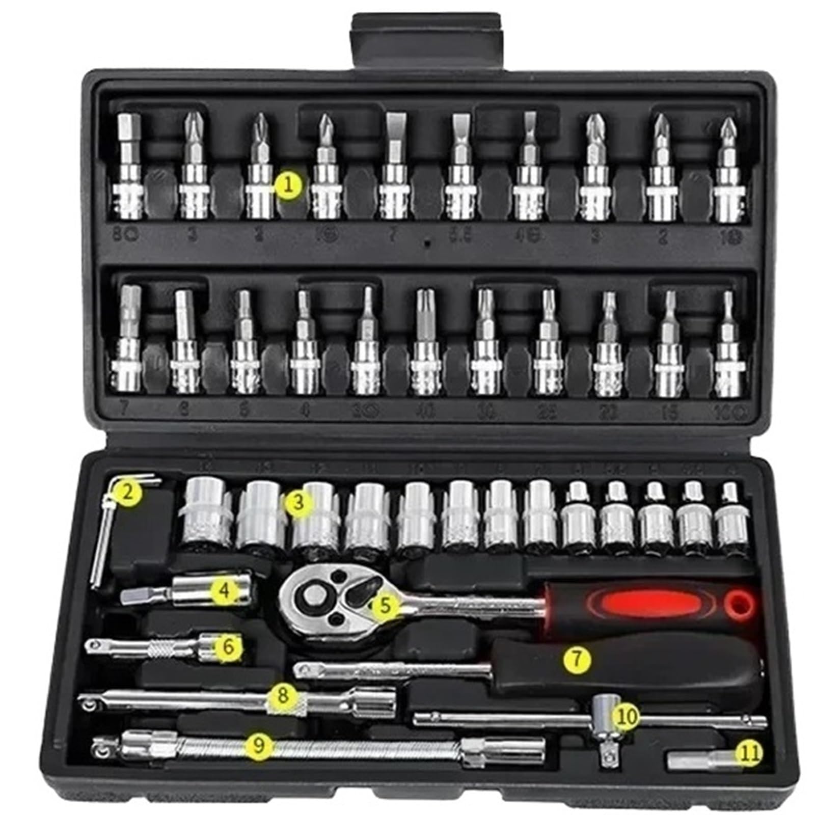 46-teiliges Autoreparatur-Werkzeugset, Multifunktionaler Autoreparatur-Werkzeugkasten, Ratschenschlüssel, Steckschlüsselkombination, Hülsenwerkzeuge, Motorrad(Black) von Ajhui