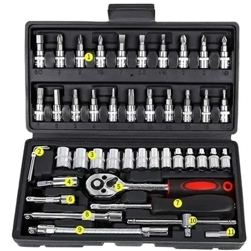 46-teiliges Autoreparatur-Werkzeugset, Multifunktionaler Autoreparatur-Werkzeugkasten, Ratschenschlüssel, Steckschlüsselkombination, Hülsenwerkzeuge, Motorrad(Black) von Ajhui