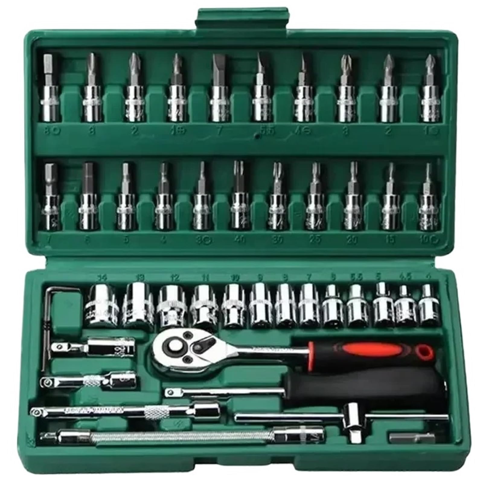 46-teiliges Autoreparatur-Werkzeugset, Multifunktionaler Autoreparatur-Werkzeugkasten, Ratschenschlüssel, Steckschlüsselkombination, Hülsenwerkzeuge, Motorrad(Green) von Ajhui