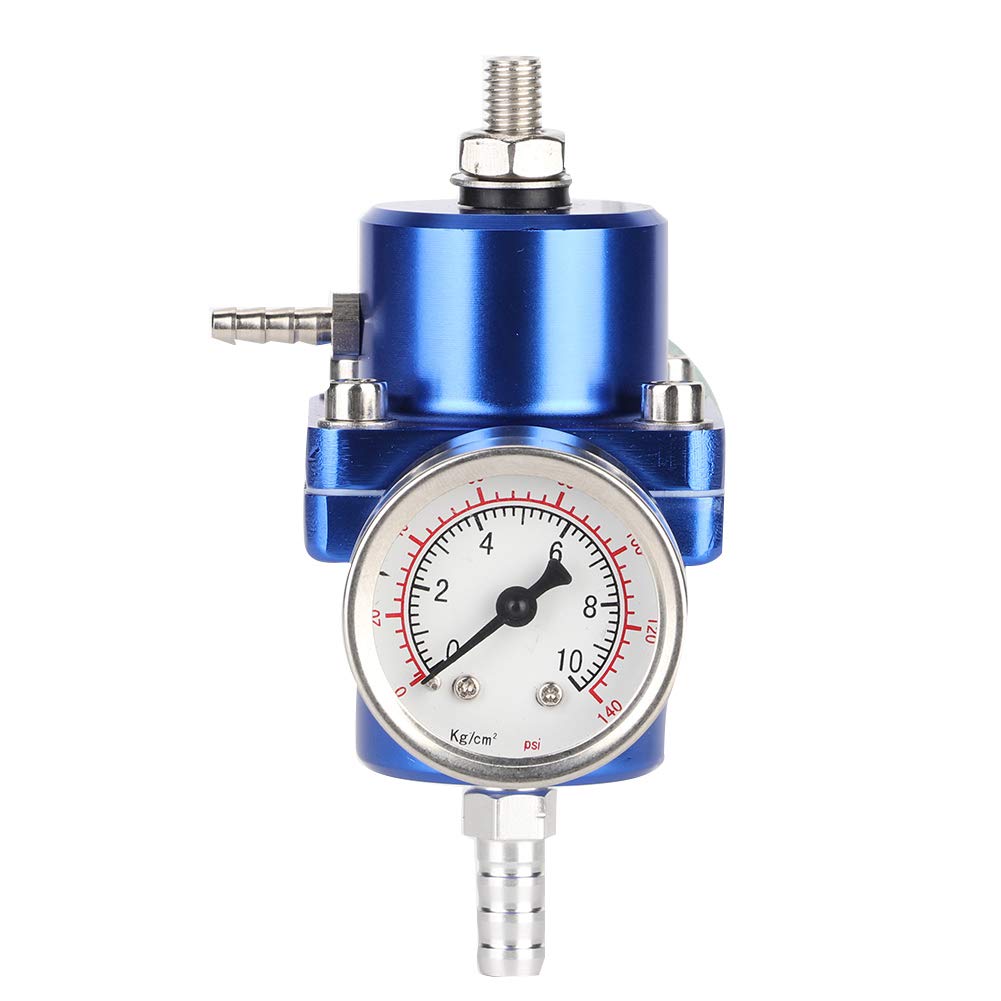 Kraftstoffdruckregler, Akozon Aluminium Alloy Universal FPR Kraftstoffdruckregler mit Manometer Schlauch 0-140psi einstellbar(Blau) Auto von Akozon