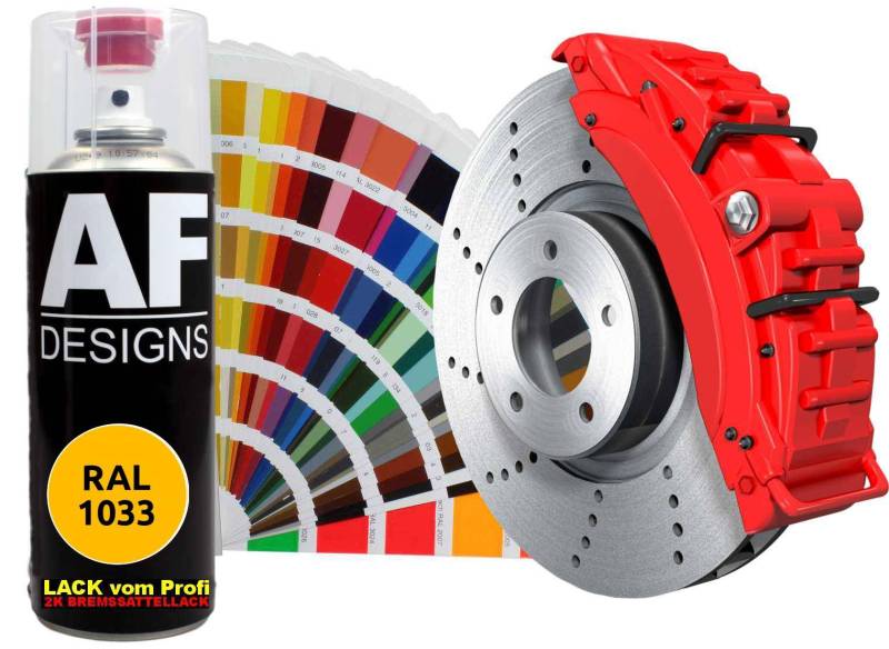 Alex Flittner Designs 2K Bremssattellack RAL Spraydose hitzebeständig 300° Bremssattelfarbe Hochwertiger Lack für Bremssättel, Bremsen und Autozubehör - 400 ml (RAL1033 DAHLIENGELB) von Alex Flittner Designs