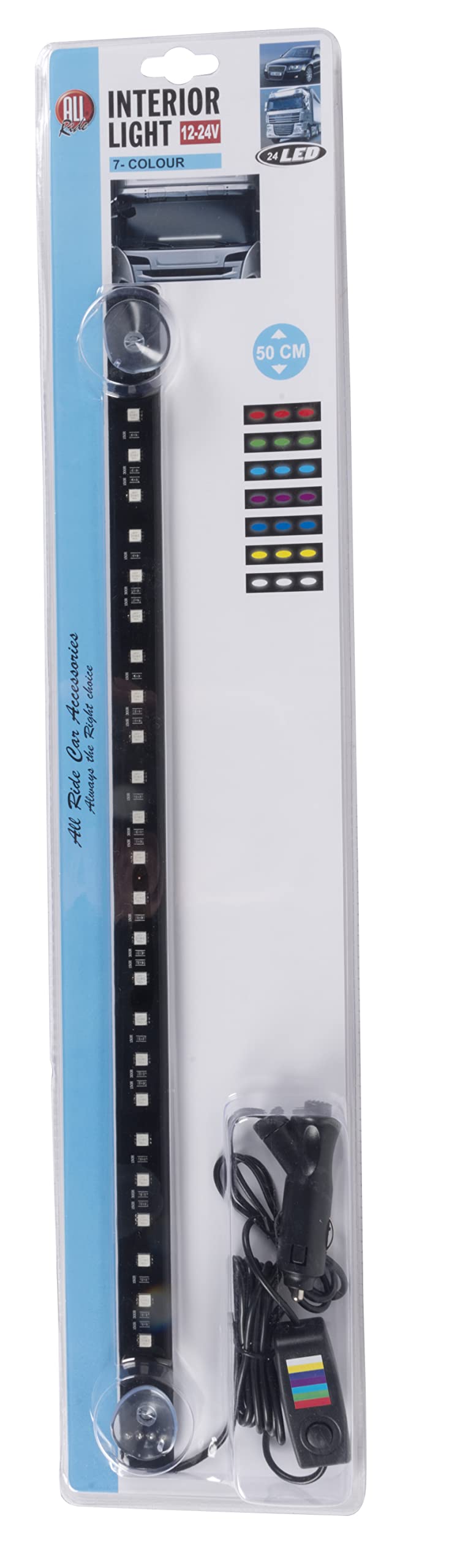 All Ride Lichtleiste Auto - Auto Innenbeleuchtung LED - Saugnapfhalterung - 7 Farben - 24 LEDs - Zigarettenstecker - Inkl. Kabel 50 cm von All Ride