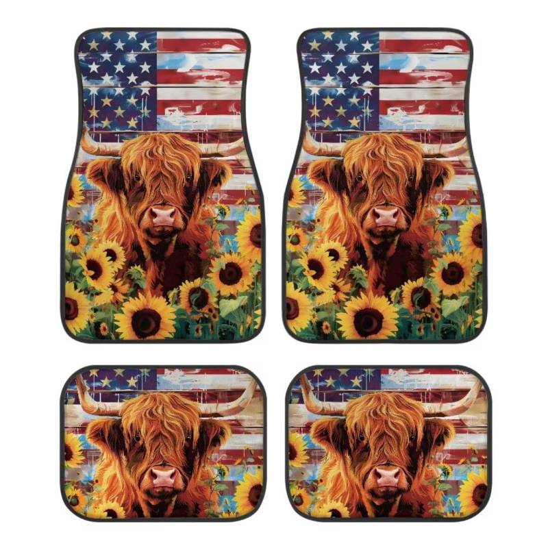 Allhaitong Highland Cow Print 4-teiliges Teppich-Fußmatten-Set, wasserdicht, universelle Passform, Auto-Fußmatten, Schutz, geeignet für alle Fahrzeuge von Allhaitong