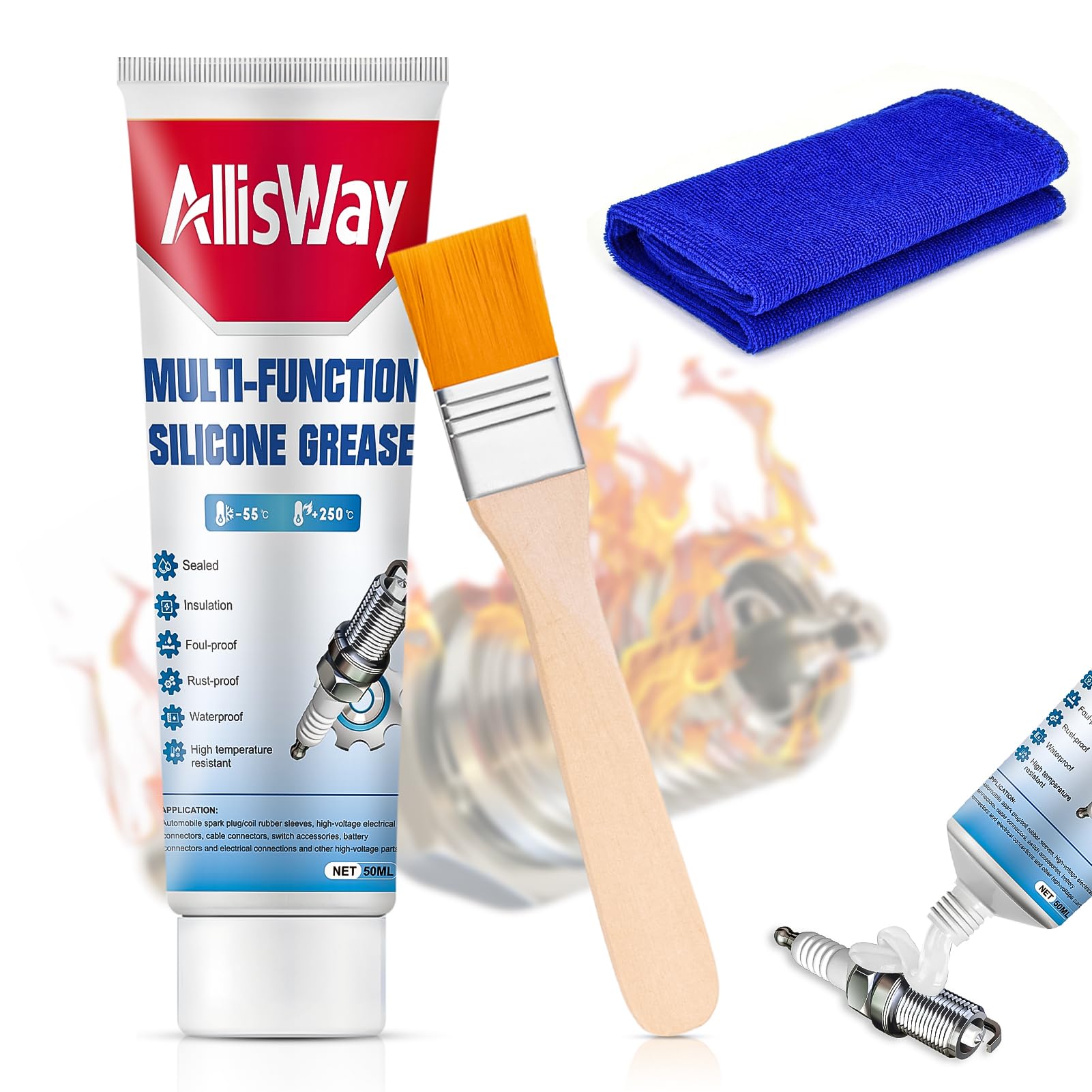 AllisWay Hochtemperaturfett, Zündkerzenfett Glühkerzenfett Hohe Temperaturbeständigkeit, Wasserdicht, Isolierend, Gute Abdichtung mit Bürste für Hochspannungsteile Wie Kfz Zündkerzen, 50g AllisWay Hochtemperaturfett, Zündkerzenfett Glühkerzenfett Hohe Temperaturbeständigkeit, Wasserdicht, Isolierend, Gute Abdichtung mit Bürste für Hochspannungsteile Wie Kfz Zündkerzen, 50g von AllisWay