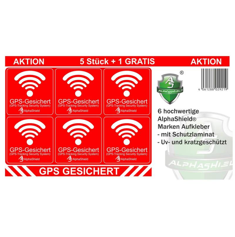 AlphaShield 6 Stück GPS Aufkleber Innen- oder Außenklebend Fahrrad Motorrad Baumaschinen Auto LKW Alarm Warnung Anti-Diebstahl Sticker Tracker gesichert R048 (Außenklebend) von AlphaShield