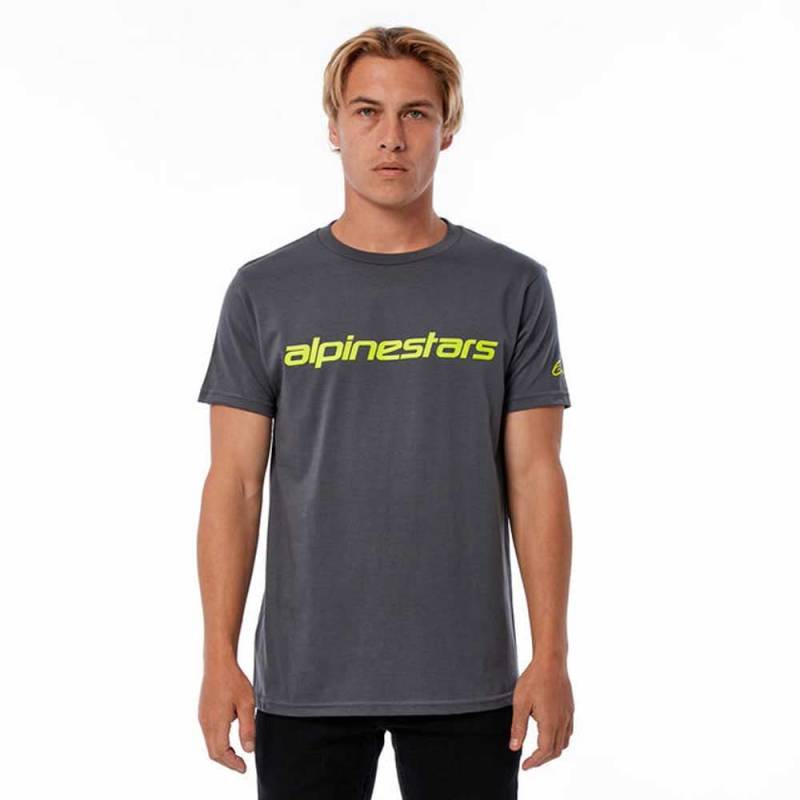 Alpinestars, Linear Wordmark Tee, Kurzarm-Shirt, Holzkohle/Fluogelb, S, Mann von Alpinestars