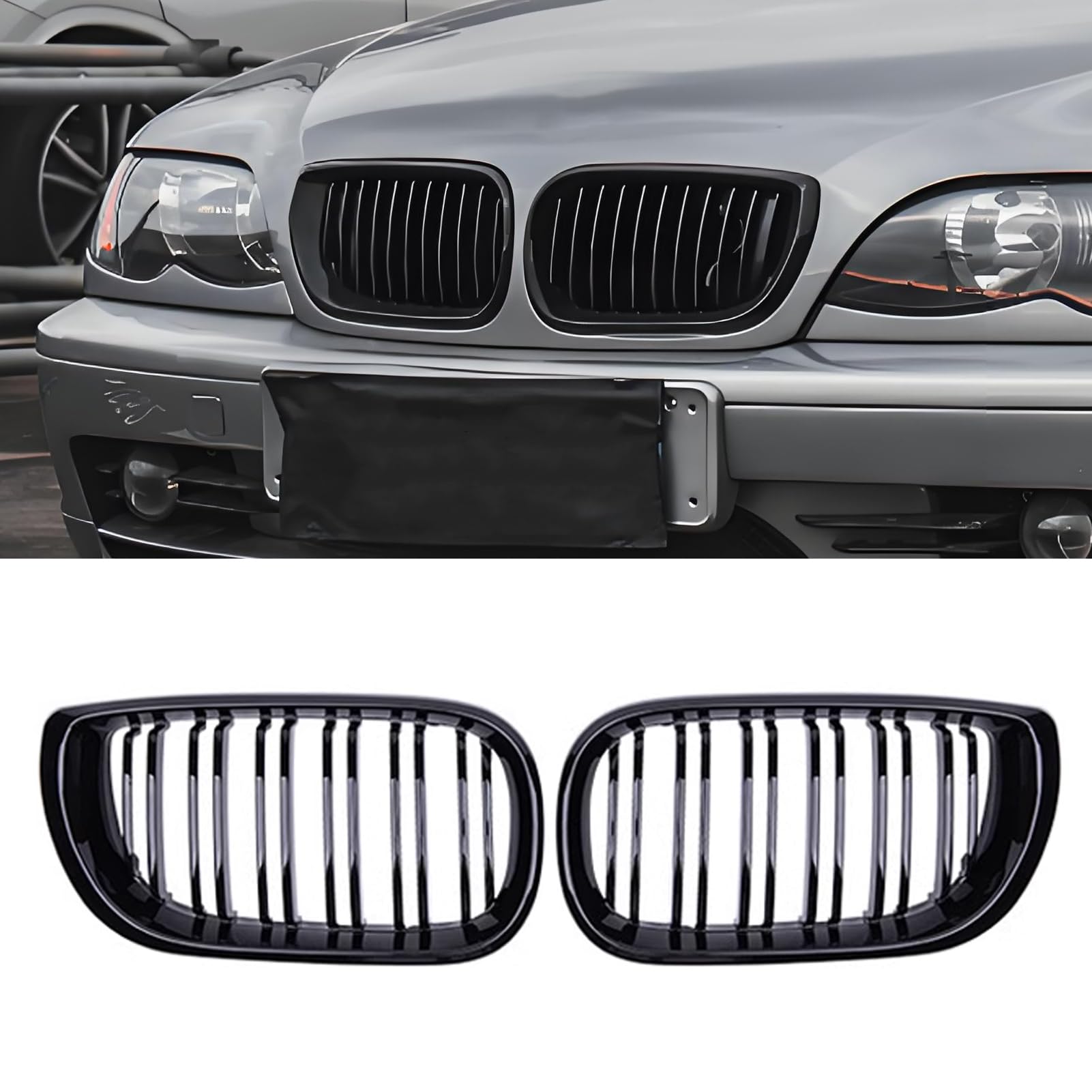 Altsbaos 2 PCS Kompatibel mit BMW 3er E46 LCI Nieren Schwarz 2002-2005 Kühlergrill 4 Door 4D，Kühlergrill Streifen für 3er E46 318i 320i 325i 330i Radiator Grille- Schwarz von Altsbaos