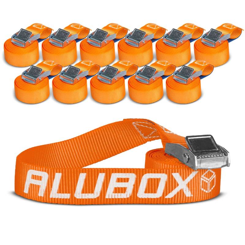 Alubox Spanngurt mit Klemmschloss 25mm breit orange Belastbarkeit 250kg Zurrgurt - Länge 4,5m - 12 Stück von ALUBOX