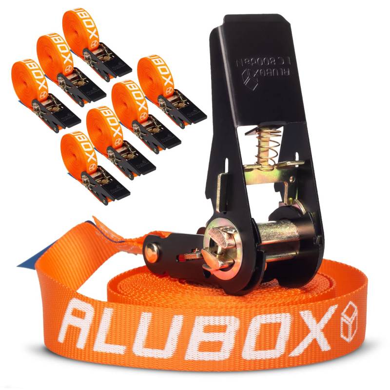 Alubox Spanngurt mit Ratsche 25mm breit orange Belastbarkeit 800kg Ratschengurt TÜV G/S geprüft - Länge 4m - 8 Stück von ALUBOX