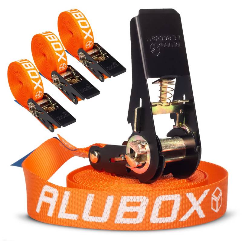 Alubox Spanngurt mit Ratsche 25mm breit orange Belastbarkeit 800kg Ratschengurt TÜV G/S geprüft - Länge 6m - 4 Stück von ALUBOX