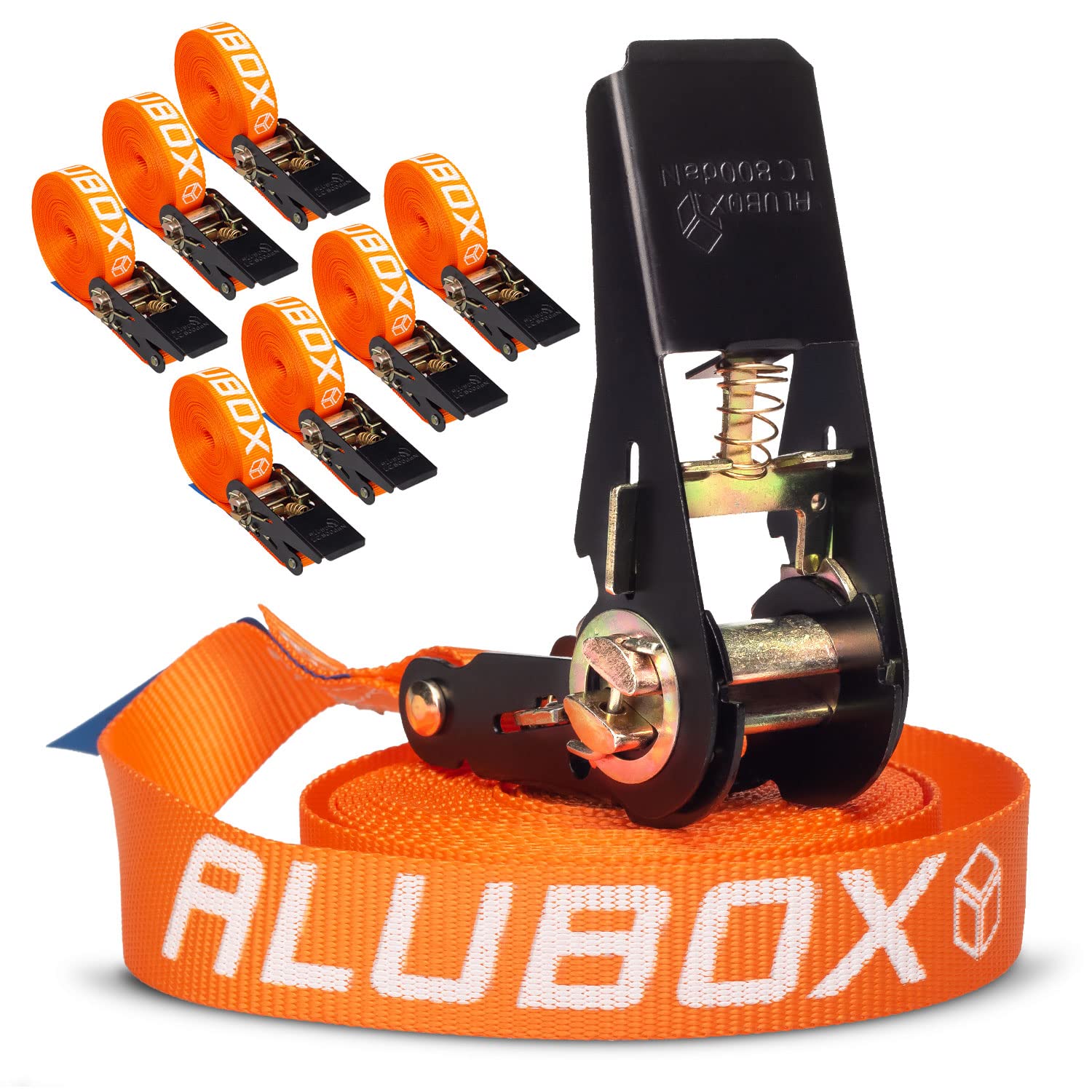 Alubox Spanngurt mit Ratsche 25mm breit orange Belastbarkeit 800kg Ratschengurt TÜV G/S geprüft - Länge 6m - 8 Stück von ALUBOX