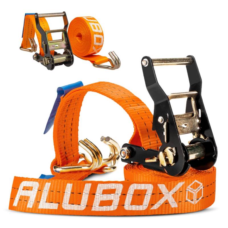 Alubox Spanngurt mit Ratsche und J-Haken 38mm breit orange Belastbarkeit 1000kg Ratschengurt TÜV G/S geprüft - Länge 4,6m - 2 Stück von ALUBOX