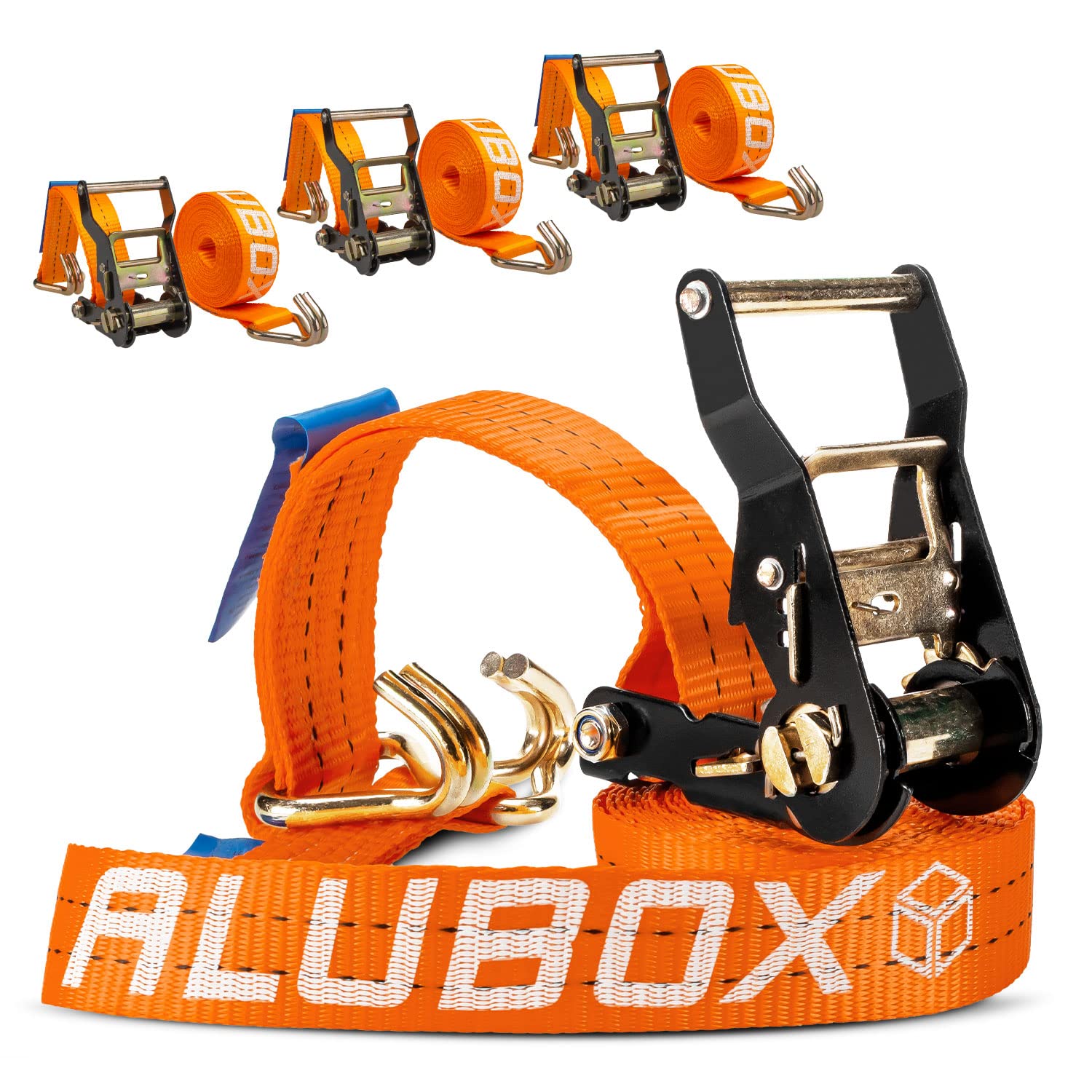 Alubox Spanngurt mit Ratsche und J-Haken 38mm breit orange Belastbarkeit 1000kg Ratschengurt TÜV G/S geprüft - Länge 4,6m - 4 Stück von ALUBOX