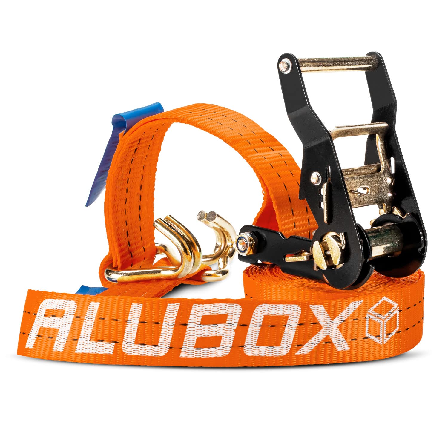 Alubox Spanngurt mit Ratsche und J-Haken 38mm breit orange Belastbarkeit 1000kg Ratschengurt TÜV G/S geprüft - Länge 9m - 1 Stück von ALUBOX
