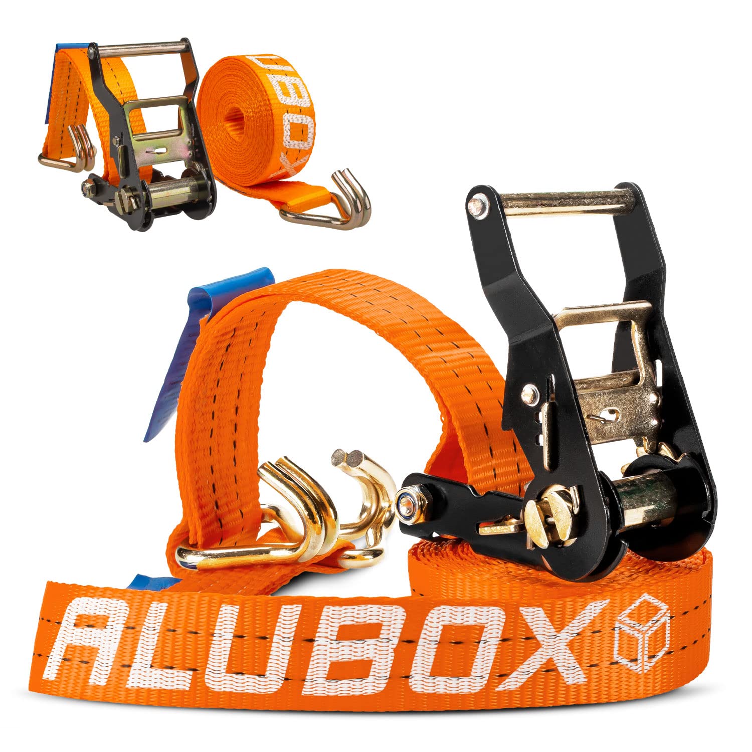Alubox Spanngurt mit Ratsche und J-Haken 38mm breit orange Belastbarkeit 1000kg Ratschengurt TÜV G/S geprüft - Länge 9m - 2 Stück von ALUBOX