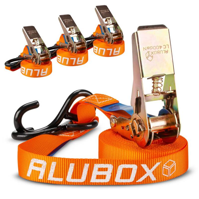 Alubox Spanngurt mit Ratsche und S-Haken 25mm breit orange Belastbarkeit 400kg Ratschengurt TÜV G/S geprüft - Länge 4,5m - 4 Stück von ALUBOX