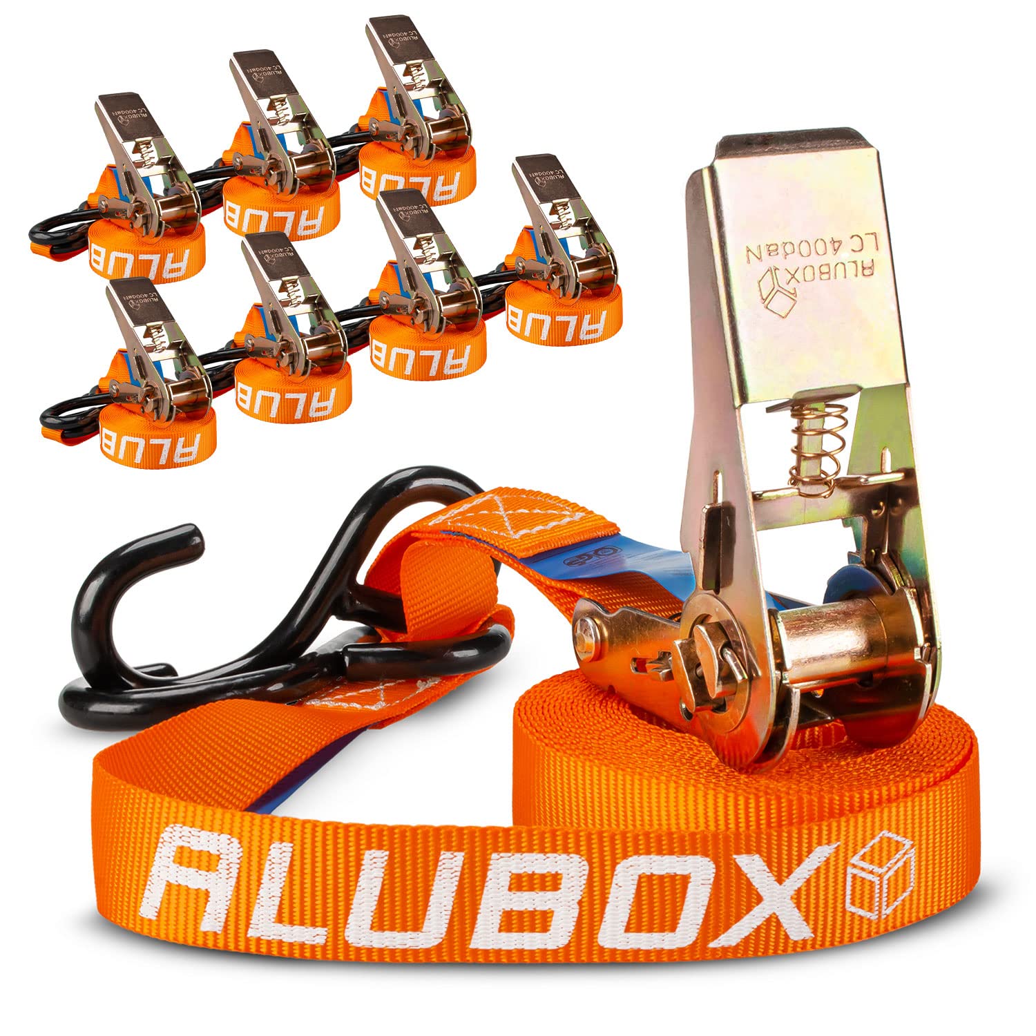 Alubox Spanngurt mit Ratsche und S-Haken 25mm breit orange Belastbarkeit 400kg Ratschengurt TÜV G/S geprüft - Länge 4,5m - 8 Stück von ALUBOX