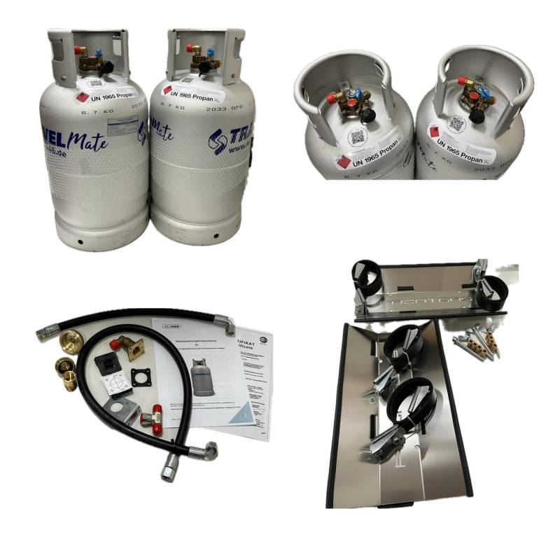 Alugas LPG Campinggas Travel Mate im Doppelpack Tankflasche 11Kg+Einbauset Nr.3+Adapterset Gasflasche Wiederbefüllbar von Alugas