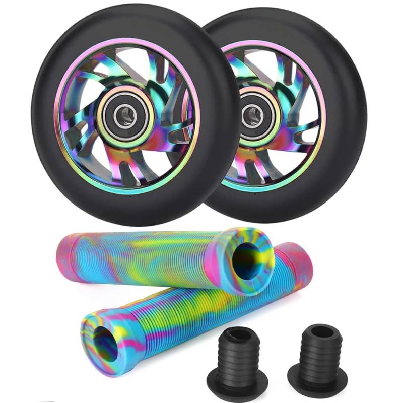100mm Scooter Rollen - 2 Stück 100mm Scooter Ersatzräder räder mit ABEC-9 Lager - Aluminium 88A stunt scooter Rollen Wheels für Apollo Albott Fuzion (Z Rainbow Grip Kit) von Aluscota