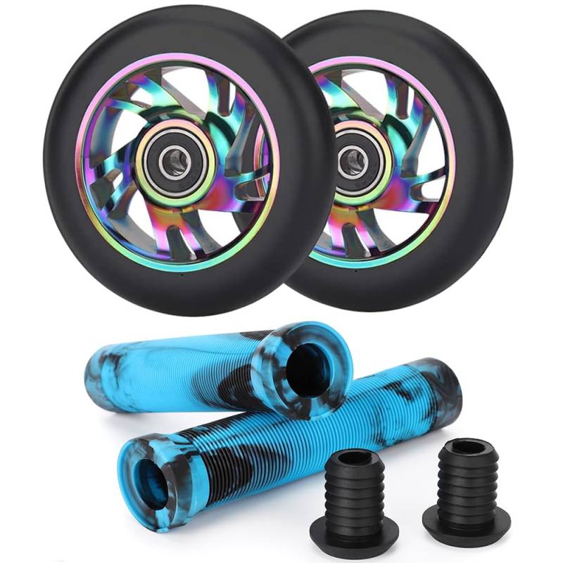 110mm Scooter Ersatzräder - 2 Stück 110mm Scooter Rollen räder mit ABEC-9 Lager - Aluminium 88A stunt scooter Rollen für Apollo Albott Hudora Fuzion (Z Blue/Black Grip Kit) von Aluscota