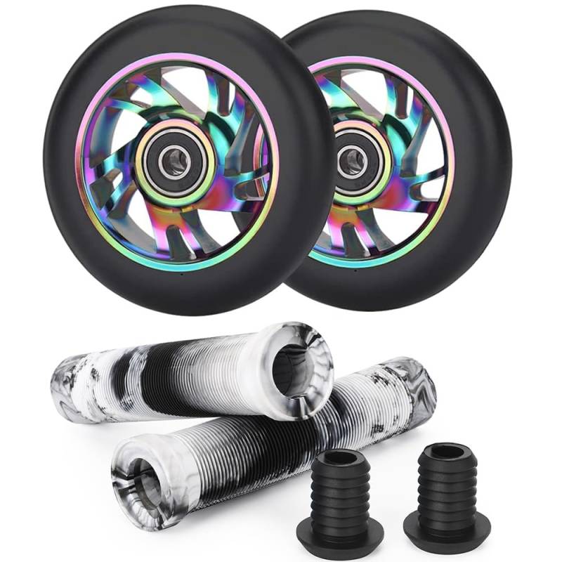110mm Scooter Ersatzräder - 2 Stück 110mm Scooter Rollen räder mit ABEC-9 Lager - Aluminium 88A stunt scooter Rollen für Apollo Albott Hudora Fuzion (Z White/Black Grip Kit) von Aluscota