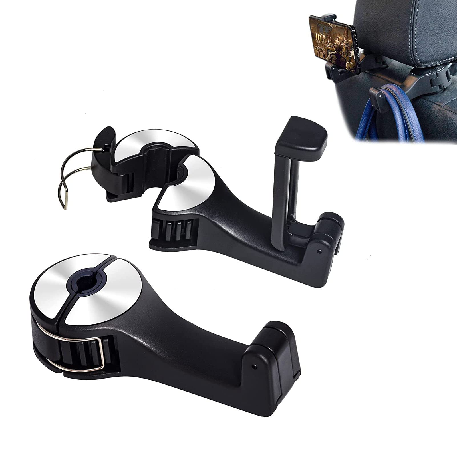Alyphyly Car Seat Haken für Taschen und Taschen mit Telefonhalter, Universal Car Headrest Storage Organizer Haken 360° Rotation 2 in 1 Car Headrest Haken 2 Pack von Alyphyly