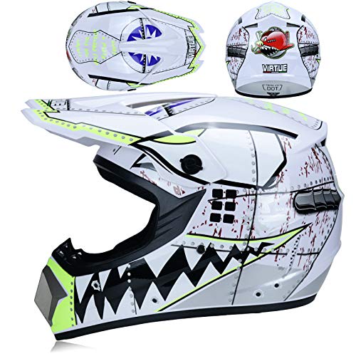Amacigana® Fullface Motocross Helm Set mit Brille Handschuhe Maske, Motorrad Crosshelm Pocket Bike Helm Kinder Erwachsener Motorradhelm Downhill Sicherheit Schutz (Weiß,L) von Amacigana