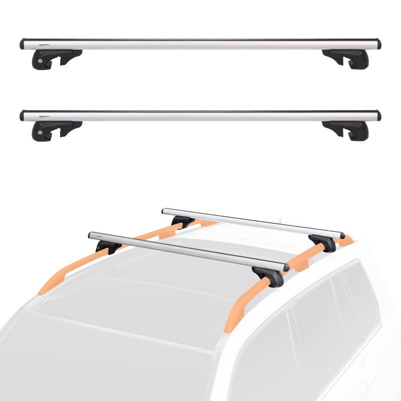 Amazon Basics Dachträger mit Querträger, 132 cm, für Spannweiten von bis zu 117 cm zwischen erhöhten Seitenschienen mit Spalt, 2er-Pack, Schwarz/Silber von Amazon Basics