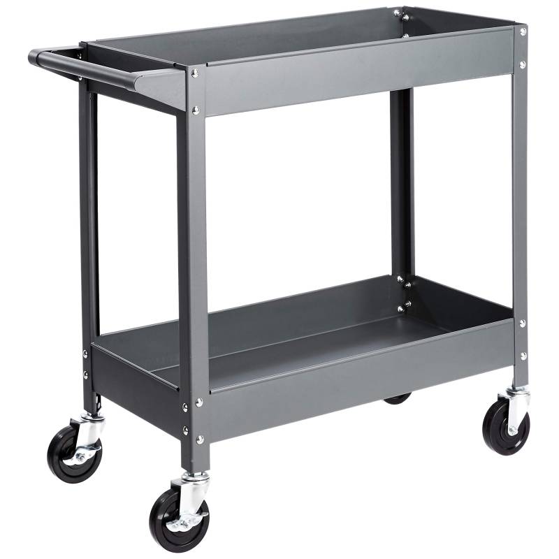 Amazon Basics – Multifunktionaler Materialwagen mit Stahlwanne, 2 Regalböden, mit 181 kg Traglast, grau von Amazon Basics
