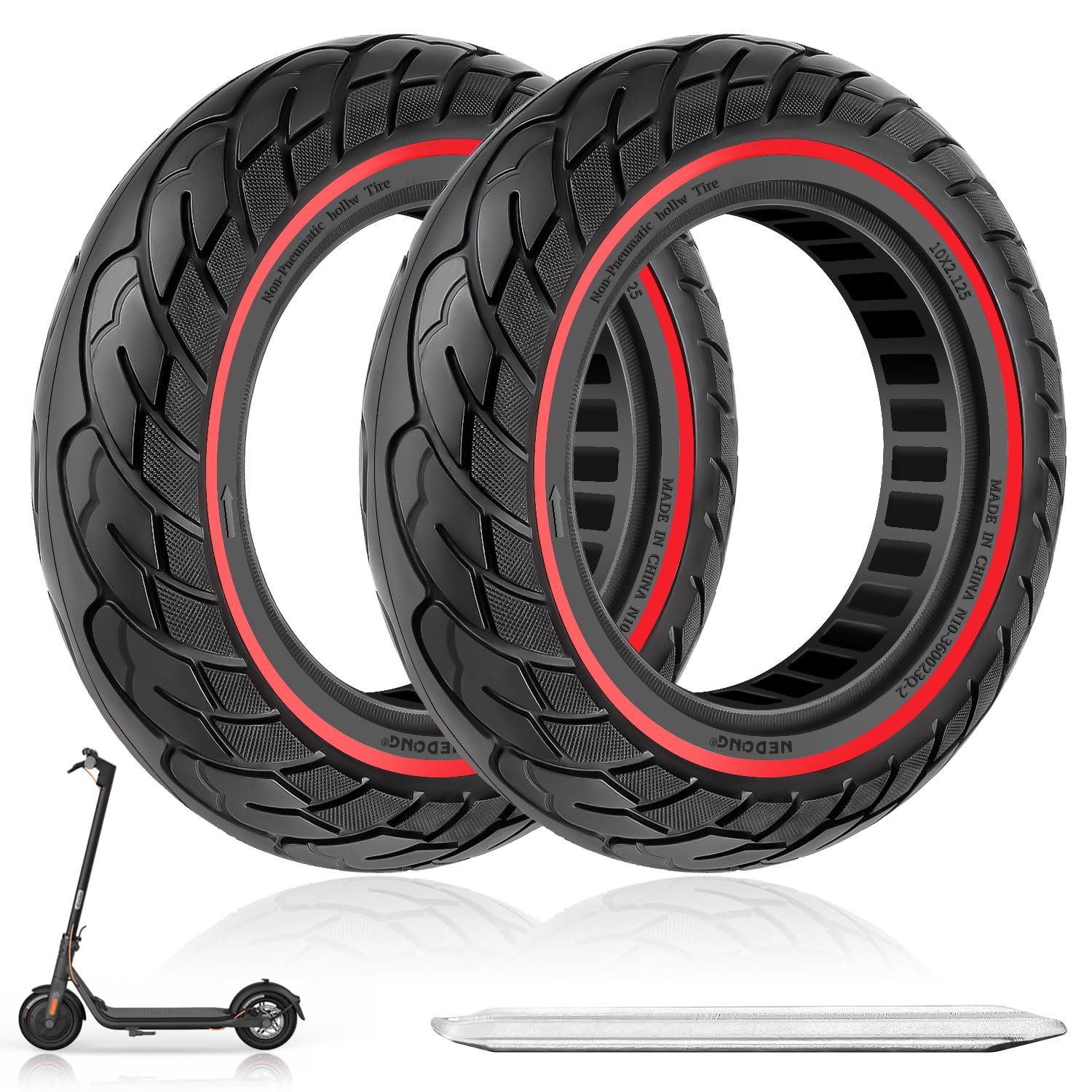 Amitor 10x2.125 Vollgummireifen mit 1 Reifen Montiereisen, 10 Zoll Vollgummireifen E Scooter für Ninebot F20/F30/F40/F65, E Scooter Reifen 10 Zoll Vollgummi Pannensichere & Abriebfeste（Slot 34）, 2PCS von Amitor
