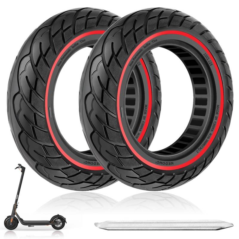 Amitor 10x2.125 Vollgummireifen mit 1 Reifen Montiereisen, 10 Zoll Vollgummireifen E Scooter für Ninebot F20/F30/F40/F65, E Scooter Reifen 10 Zoll Vollgummi Pannensichere & Abriebfeste（Slot 34）, 2PCS von Amitor