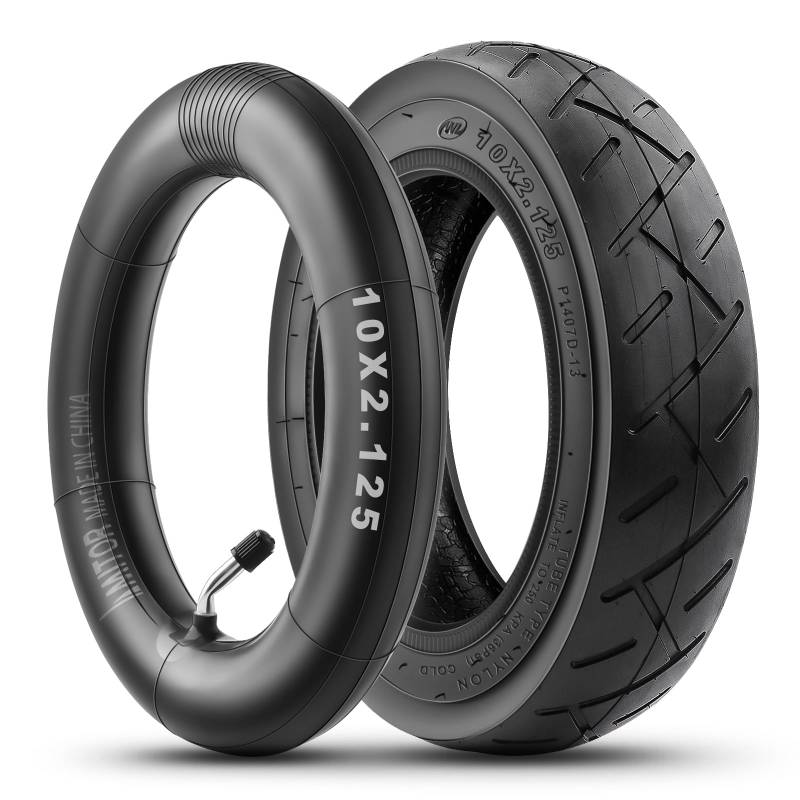 Amitor E Scooter Reifen mit Schlauch 10x2.125, 10 Zoll Reifen Schlauch E Scooter Verschleißfeste für Ninebot F20/F30/F40/F65, 2MM Extra Dicker Butylkautschuk Schlauch mit Silbernes Ventil 45°, (1 Set) von Amitor