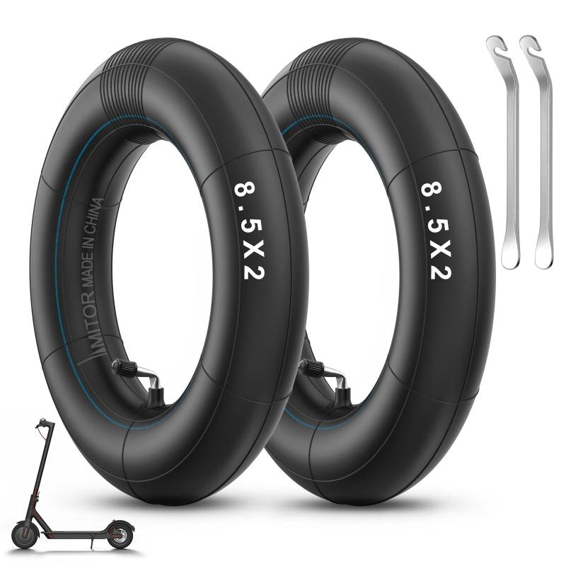 Amitor E Scooter Schlauch 8 1/2 x2 l für Xiaomi Pro 2 Pro 1S M365, 8 1/2 x2 Schlauch Verdickter mit Silbernes Ventil 90°, 8.5 Zoll Haltbarem E Roller Schlauch 50/75-6.1 mit 2 Kleiner Reifenheber, 2PCS von Amitor