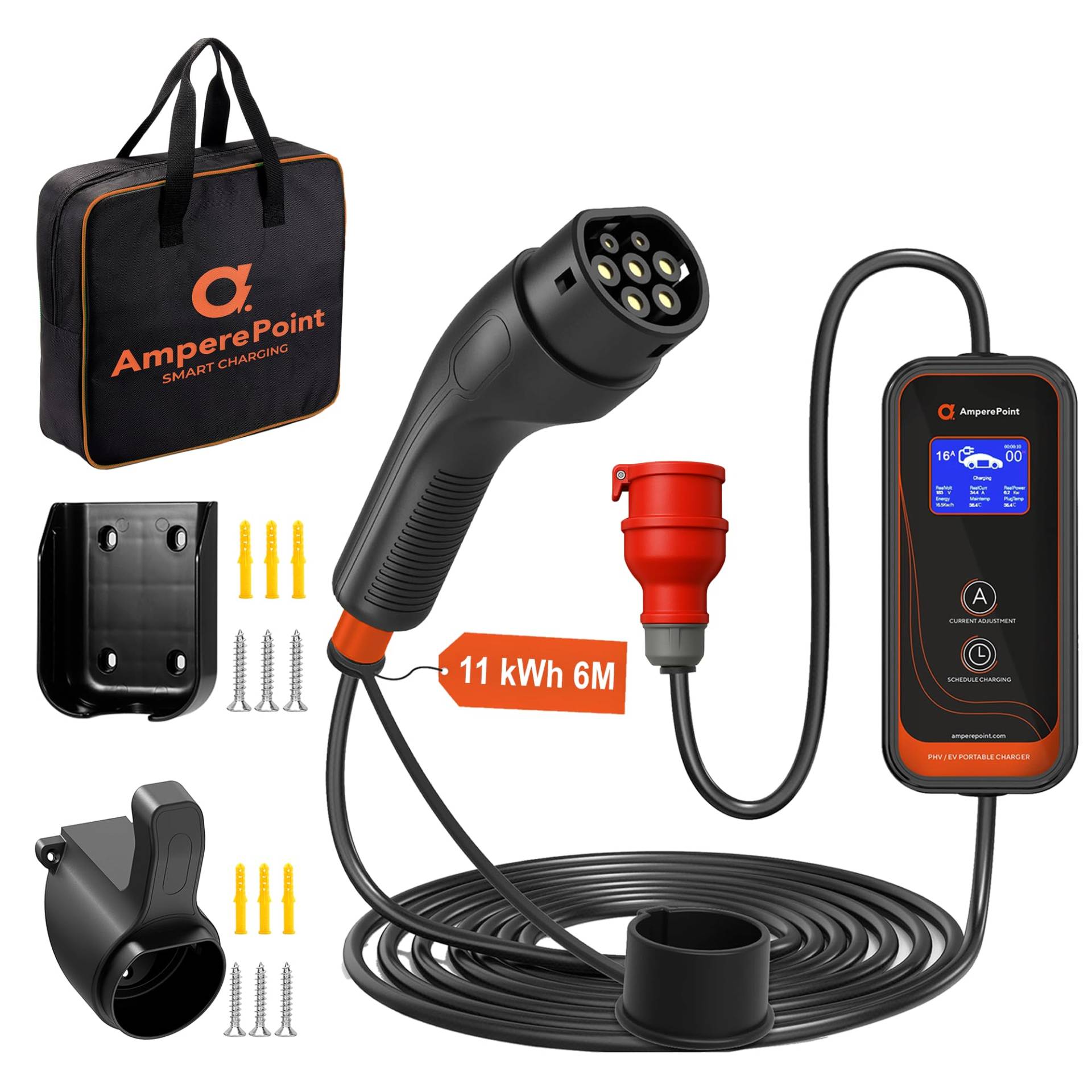 Ampere Point Mobile Wallbox 11 kW 16A Typ 2, Ladestation mit Einstellbarer Ladeleistung 8-16A, Ladekabel mit Länge 6 m, mit CEE Stecker 400V, Tragbares EV-Ladegerät für Elektroautos mit Tragetasche Ampere Point Mobile Wallbox 11 kW 16A Typ 2, Ladestation mit Einstellbarer Ladeleistung 8-16A, Ladekabel mit Länge 6 m, mit CEE Stecker 400V, Tragbares EV-Ladegerät für Elektroautos mit Tragetasche von Ampere Point