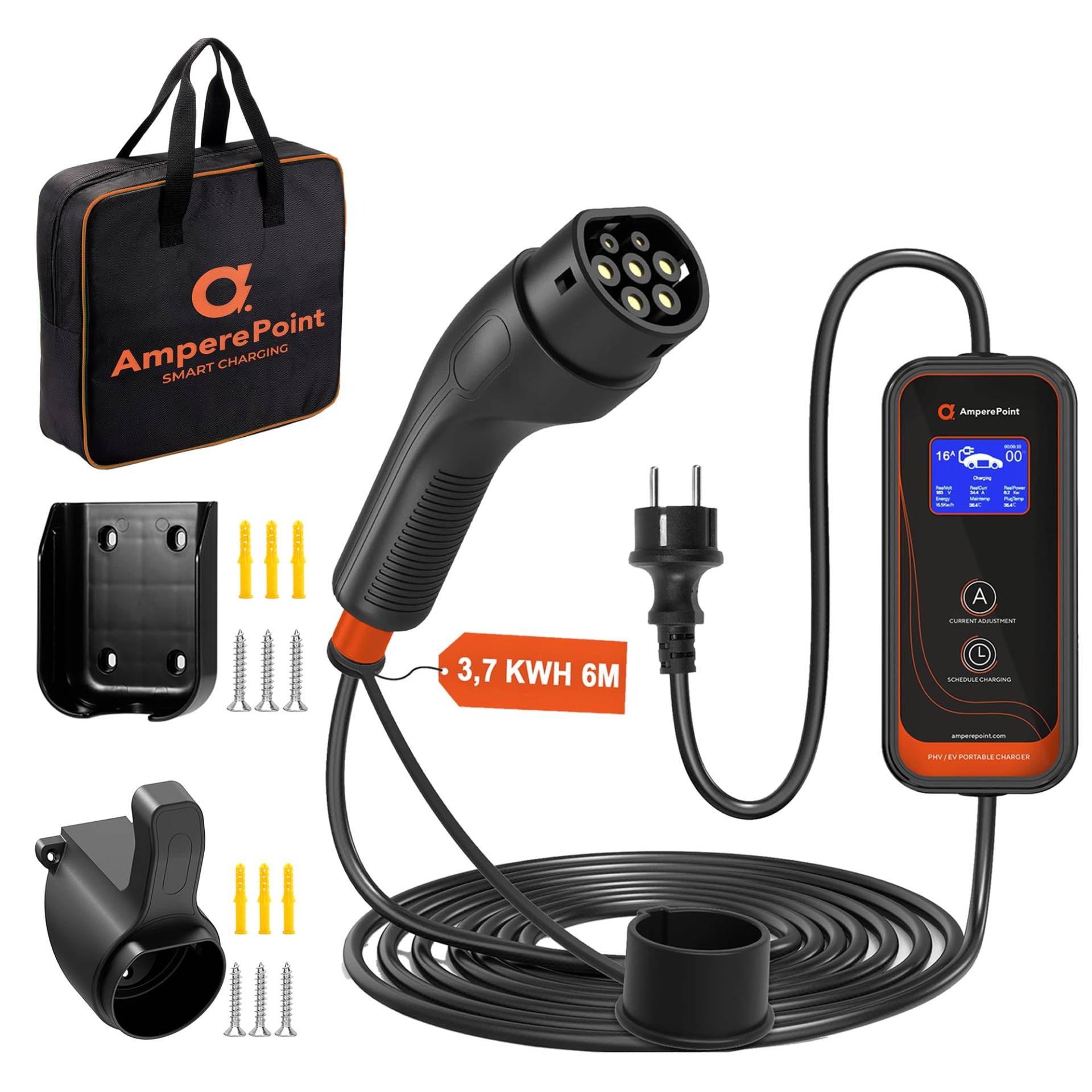 Ampere Point Mobile Wallbox 3,7 kW 16A Typ 2 Ladestation mit Einstellbarer Ladeleistung 6-16A, Ladekabel mit Länge 6 m mit Netzanschluss 230 V, Tragbares EV-Ladegerät für Elektroautos mit Tragetasche Ampere Point Mobile Wallbox 3,7 kW 16A Typ 2 Ladestation mit Einstellbarer Ladeleistung 6-16A, Ladekabel mit Länge 6 m mit Netzanschluss 230 V, Tragbares EV-Ladegerät für Elektroautos mit Tragetasche von Ampere Point