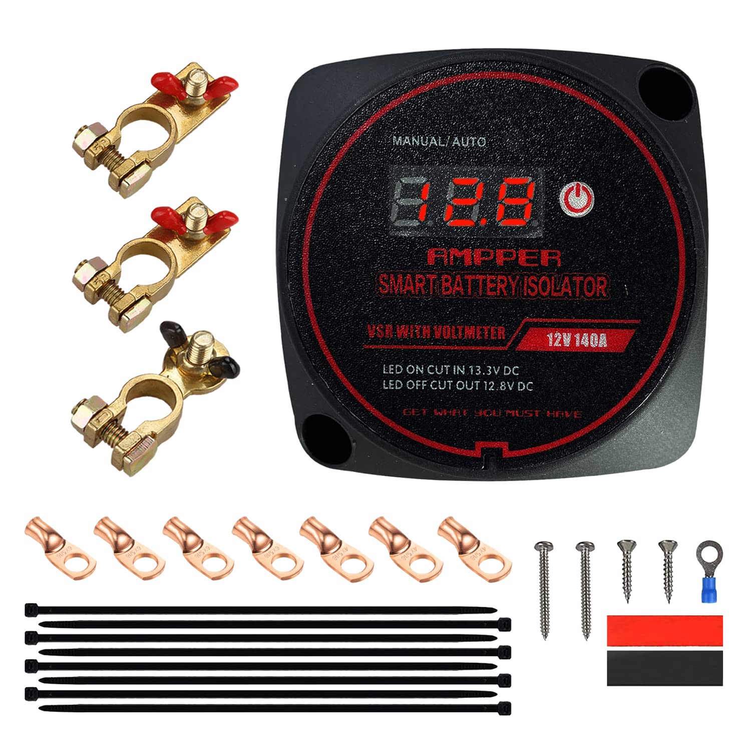 12V 140Amp Dual Battery Isolator, Ampper Battery Voltage Sensitive Relay (VSR) Smart Battery Isolator mit Voltmeter und manuellem Kontrollknopf für Auto und mehr (mit Batterieklemmen, KEIN Kabel) von Ampper