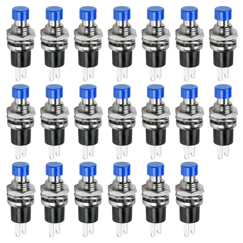Ampper Mini Taster, 2 Pin On Off 1A 250V AC 7MM Round SPST Normal Open Momentary Pushbutton Switches (Blau, Packung mit 20 Stück) von Ampper