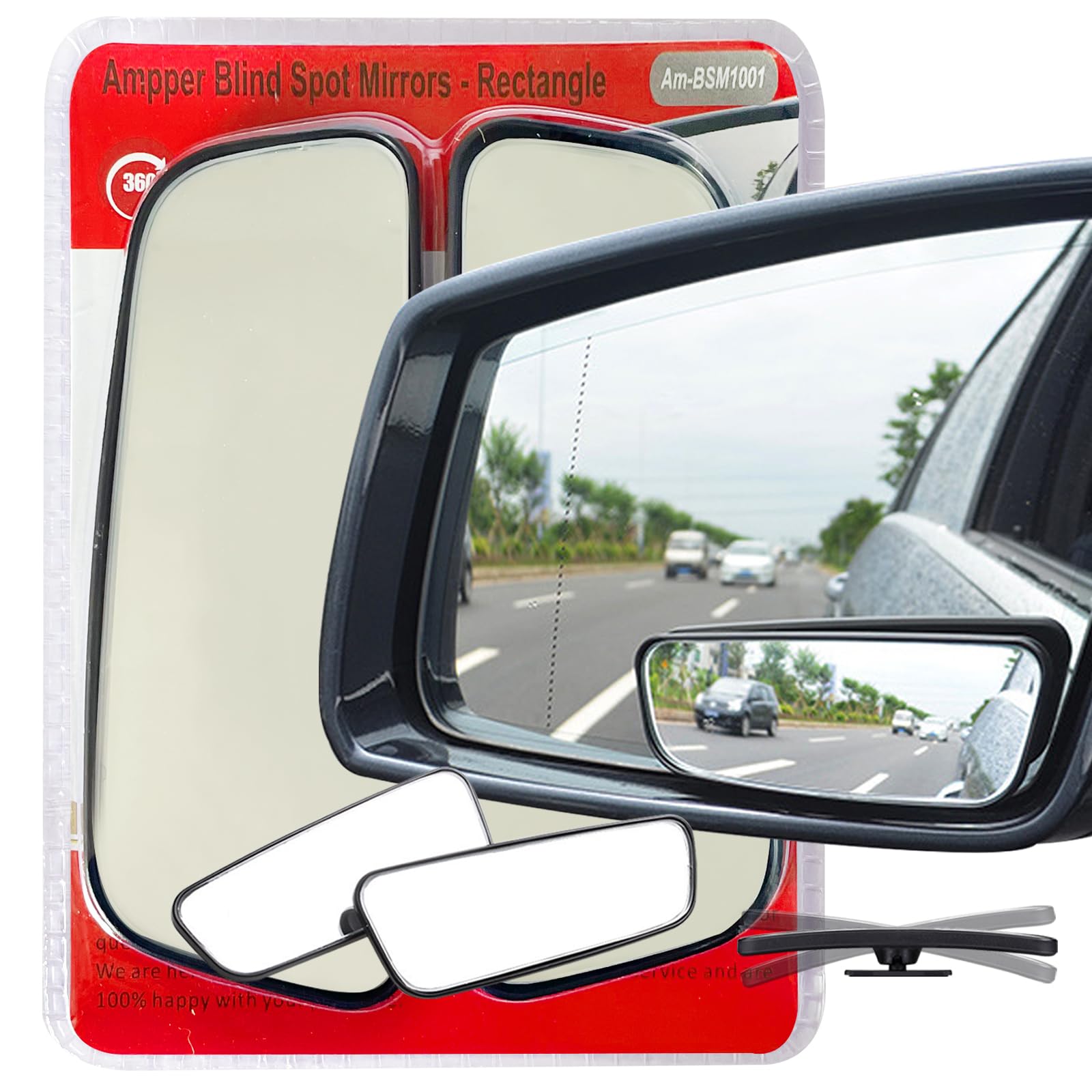 Ampper Rechteckiger Toter Winkel Spiegel, 360 Grad HD Glas und ABS Gehäuse Konvexer Weitwinkel Rückspiegel für Auto (2 Stück, Rectangular) von Ampper