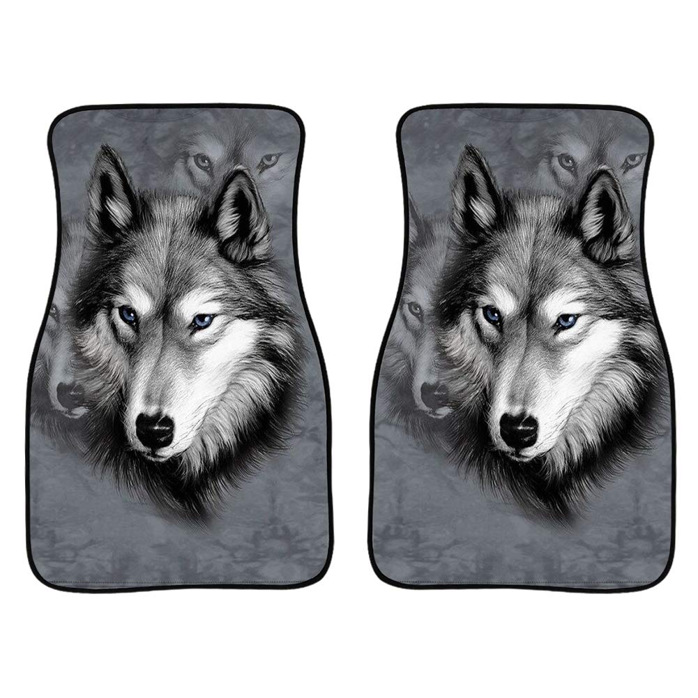 3D Wolf Individuelle Auto-Fußmatten, nur vorne, 2-teilig, Allwetter-Gummiunterseite, rutschfest, schmutzabweisend, universell, Automobil-Teppiche von Amzbeauty