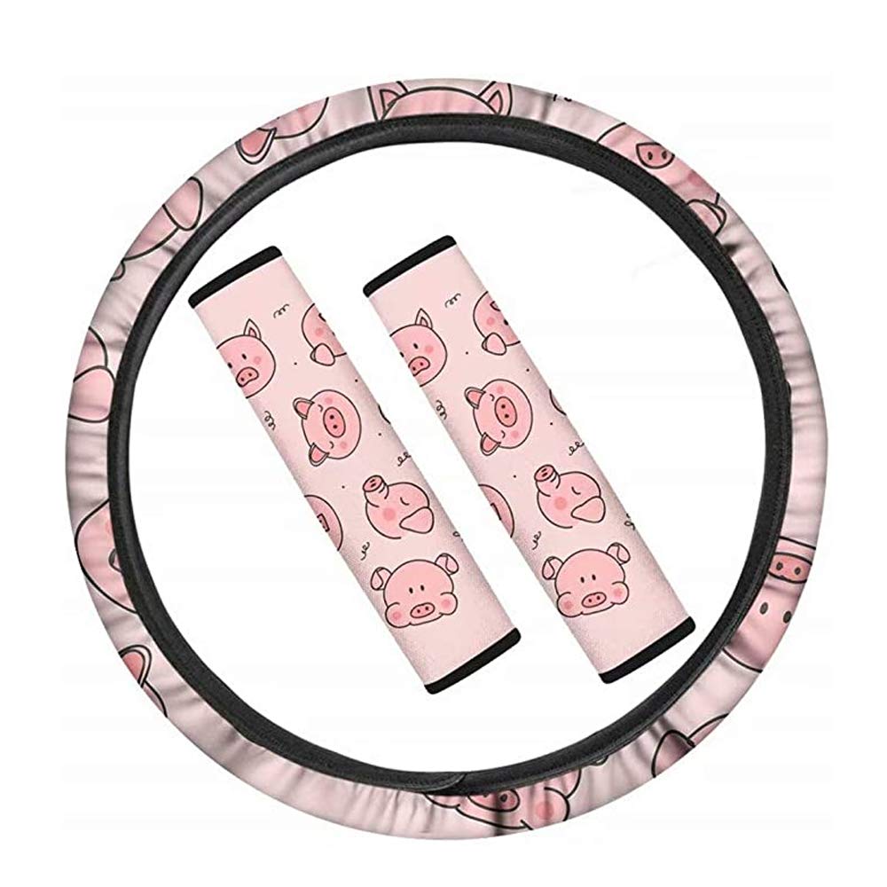 Amzbeauty Auto-Lenkradbezug mit niedlichem rosa Schweine-Motiv, mit 2 Sicherheitsgurtbezügen, universell passend für die meisten Pkw, Lkw, SUV und Lieferwagen von Amzbeauty