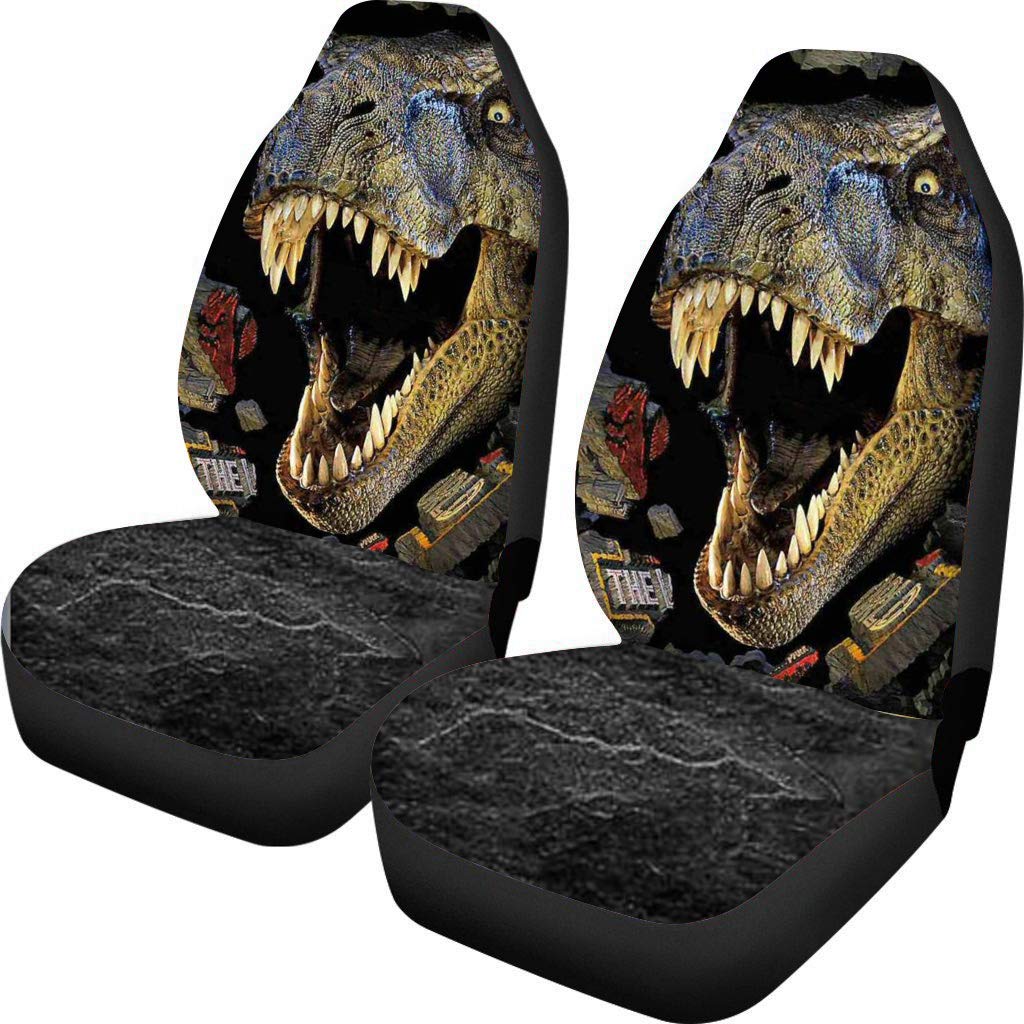 Amzbeauty Coole 3D-Dinosaurier-bedruckte Vordersitzbezüge, 2 Stück, Fahrzeugsitzschoner für die meisten Pkw, Lkw, SUV oder Van von Amzbeauty