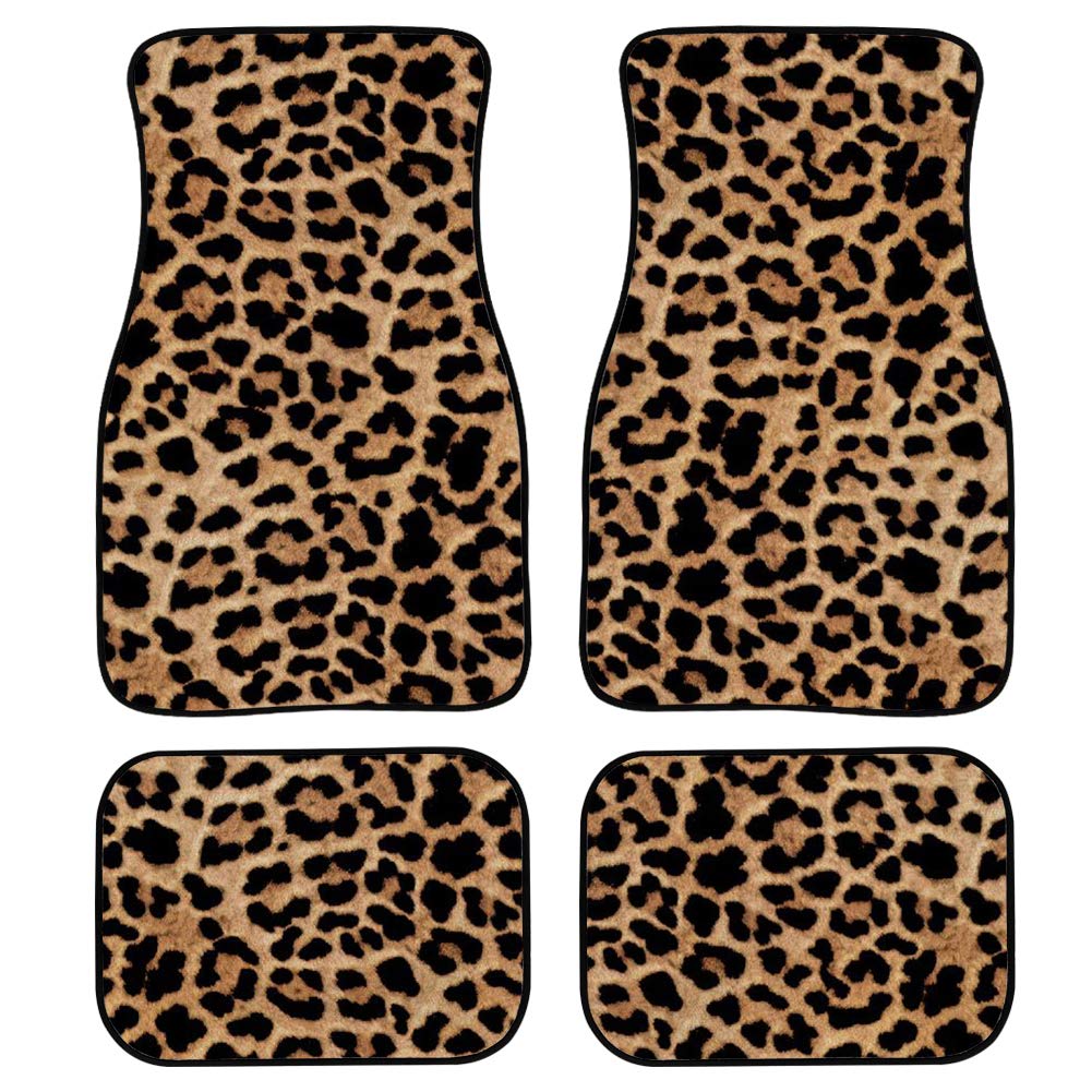 Amzbeauty Fußmatten mit Leopardenmuster, Schwarz, 4-teilig, Gummi-Rückseite, Allwetter-Universal, für vorne und hinten, Automobil von Amzbeauty