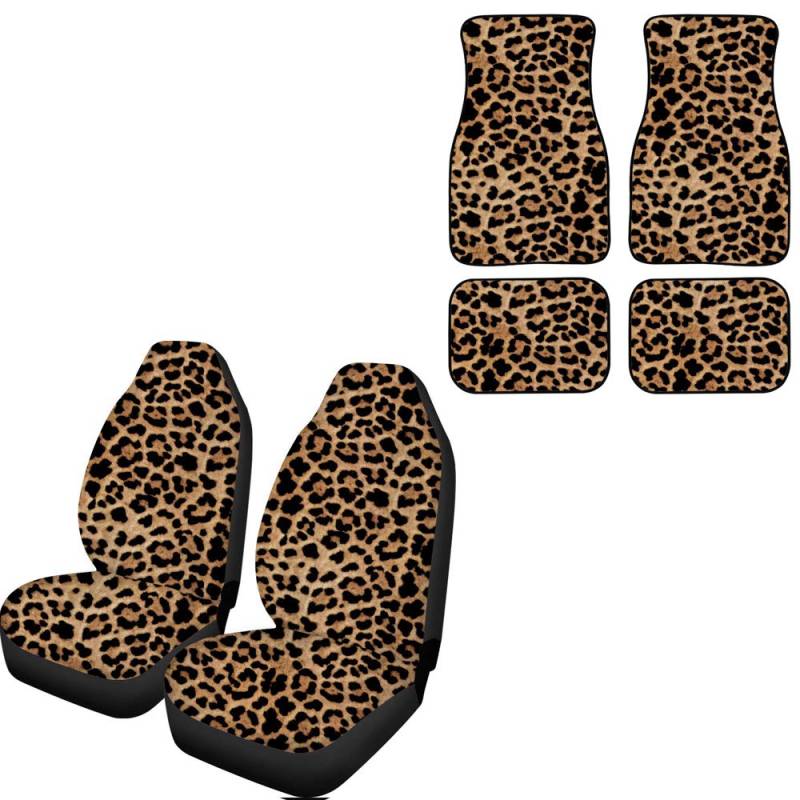 Amzbeauty Leopard Auto-Fußmatten-Set mit universellen Vordersitzbezügen, für Damen und Herren, Auto-Dekoration, Zubehör, 6-teiliges Set von Amzbeauty