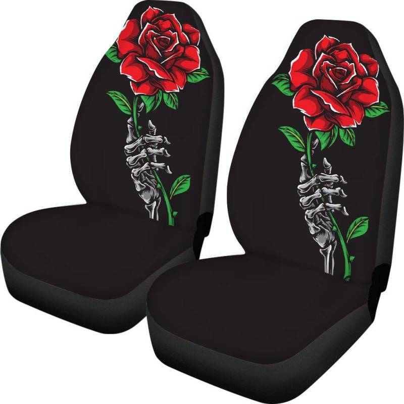 Amzbeauty Vordersitzbezug mit Totenkopf-Rose, Bedruckt, 2 Stück, universeller Fahrzeugsitzschutz, passend für die meisten Autos, Limousinen, SUVs, Lieferwagen, LKWs von Amzbeauty