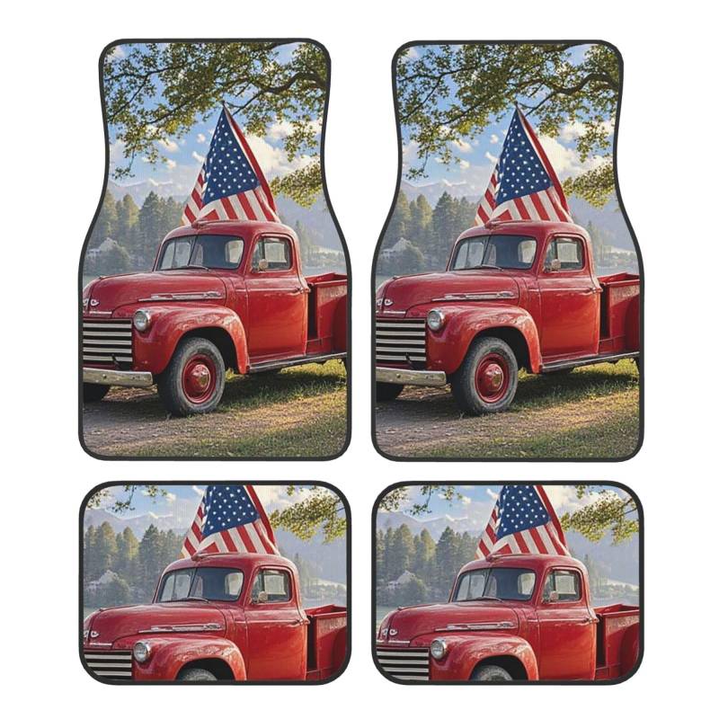 4. Juli Patriotischer alter roter Truck1 Auto-Fußmatten, 4-teilig, universelle Auto-Fußmatten, 4. Juli Patriotischer alter roter Truck1 Automatten-Set, Gummifußmatten für Autos, rutschfeste Auto-Fußpo von Anceky